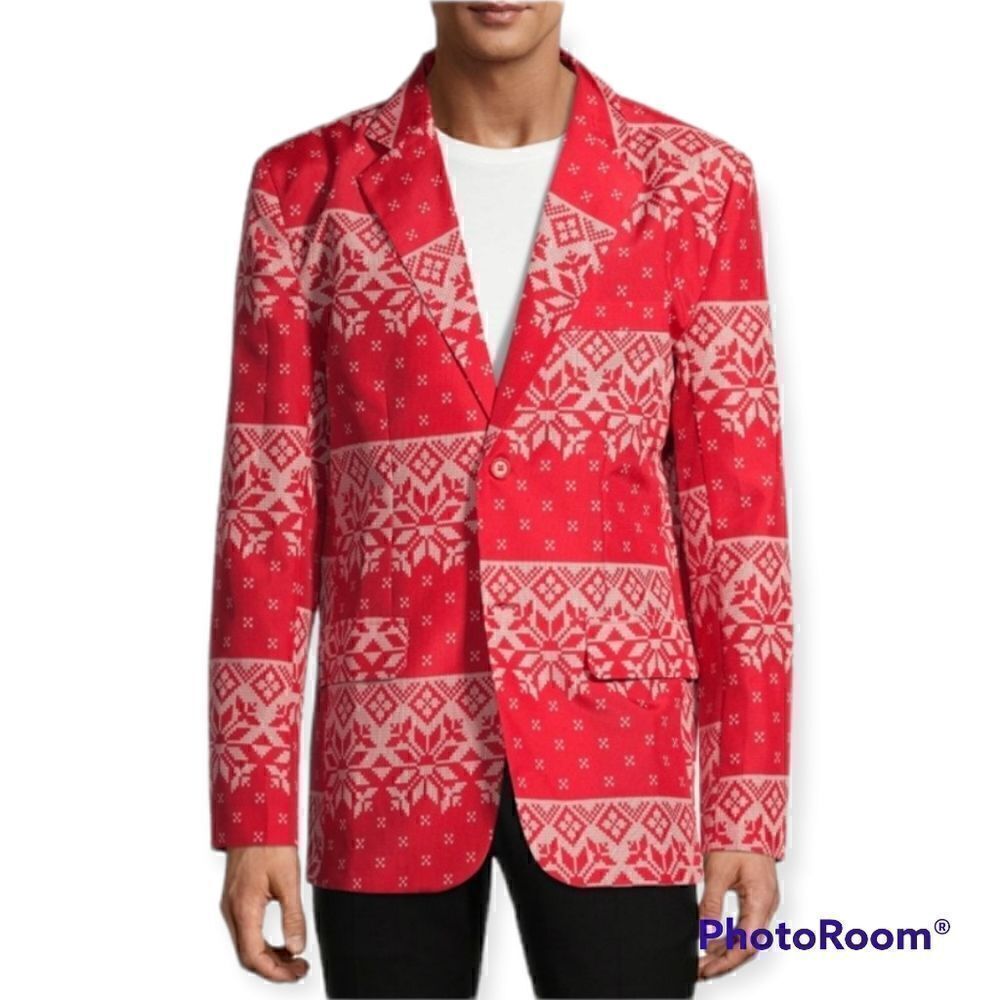 Mens 2XL Red White Snowflake Blazer Winter Holiday Christmas Jacket Party Costum